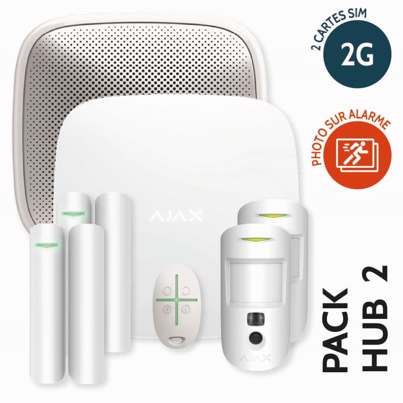 PACK AJAX HUB 2 - KIT ESSENTIEL : HUB 2 2G IP - 1 SIRÈNE EXT. - 2 CONTACTS  DOORPROTECT - 2 MOTIONCAM - 1 TÉLÉCO