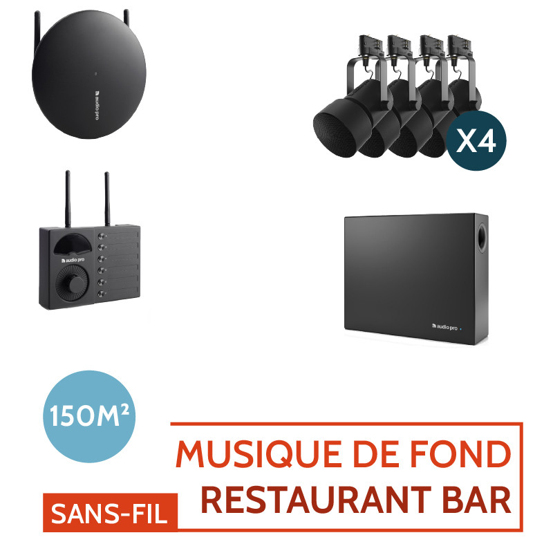 PACK SONORISATION SANS-FIL AUDIO PRO - CONFIGURATION RESTAURANT / BAR 150M²  - MUSIQUE DE FOND – NOIR